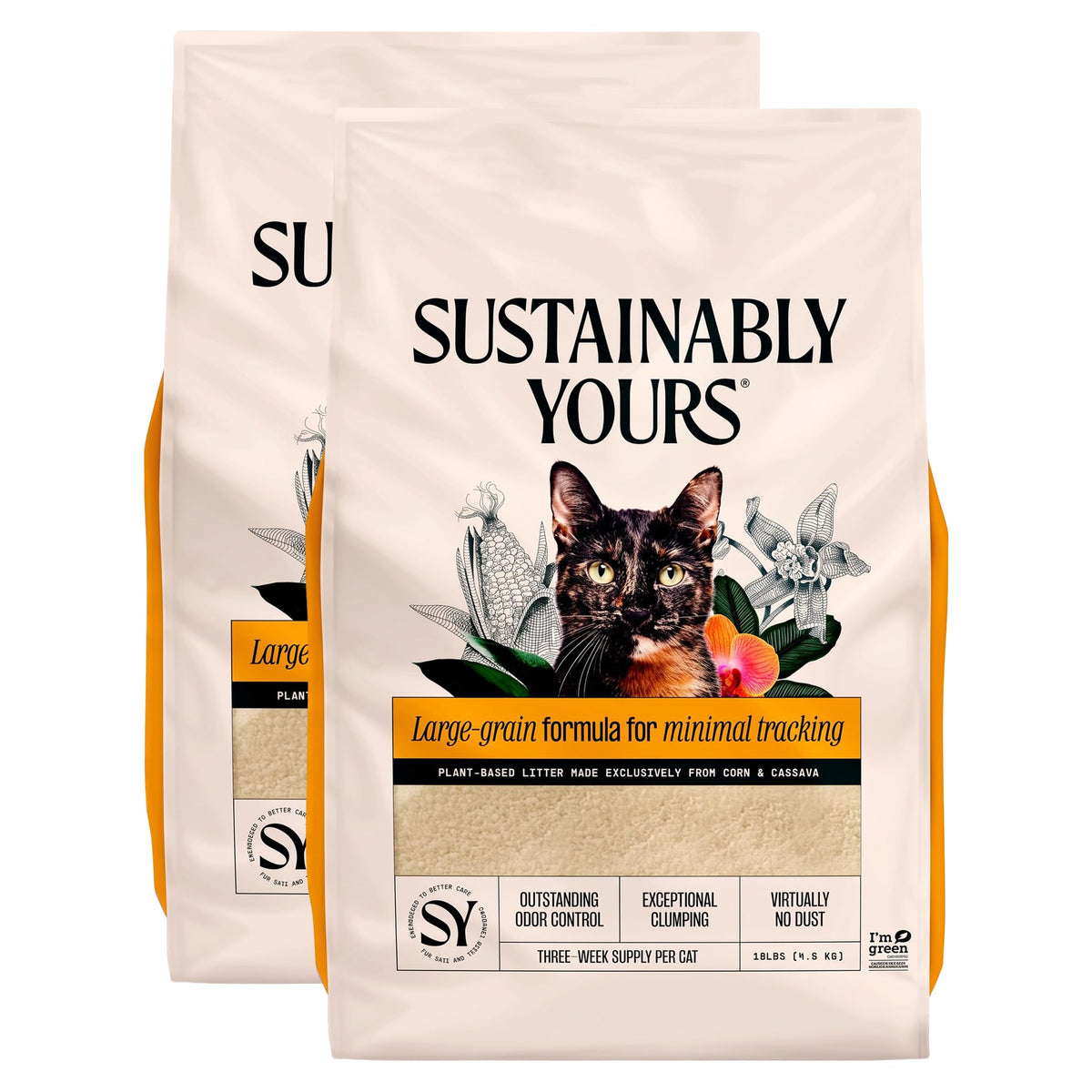 Sustainably Yours Natural Cat Litter, Small-Grain Formula, Exceptional Clumping & Odor Control, Virtually No Dust, Soft on Paws, Corn & Cassava Plant-Based, Unscented, 10 lbs (Pack of 2)