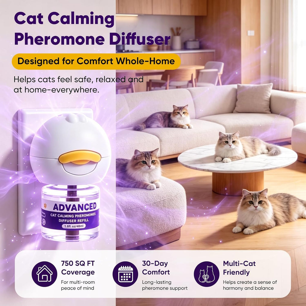 Cat Calming Diffuser with Advanced Pheromone Technology, 120 Days Plug in Diffuser for Multi Cat Home, Reduce Stress, Urine Spraying, Scratching, Hiding, Support Calm Behavior, 2 Diffusers, 4 Refills