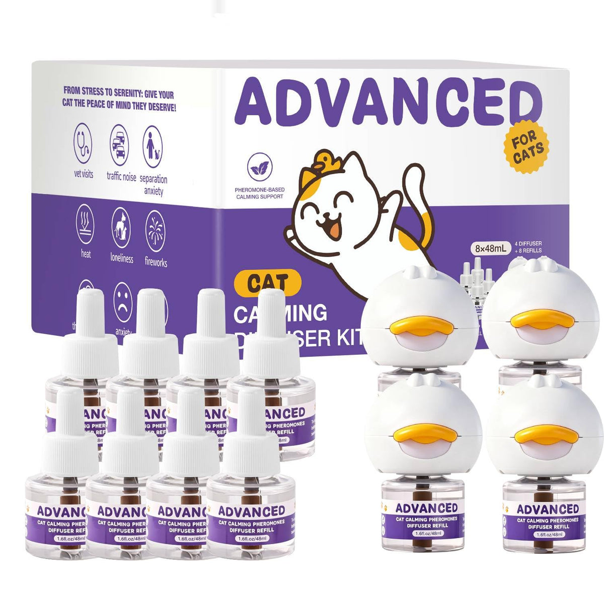 Cat Calming Diffuser Kit with 2 Diffusers & 4 Refills (48mL Each), Cat Pheromones Calming Diffuser for Cat Anxiety Relief, Stress Reduction & Behavior Support, 30-Day Refills, Suitable for All Cats