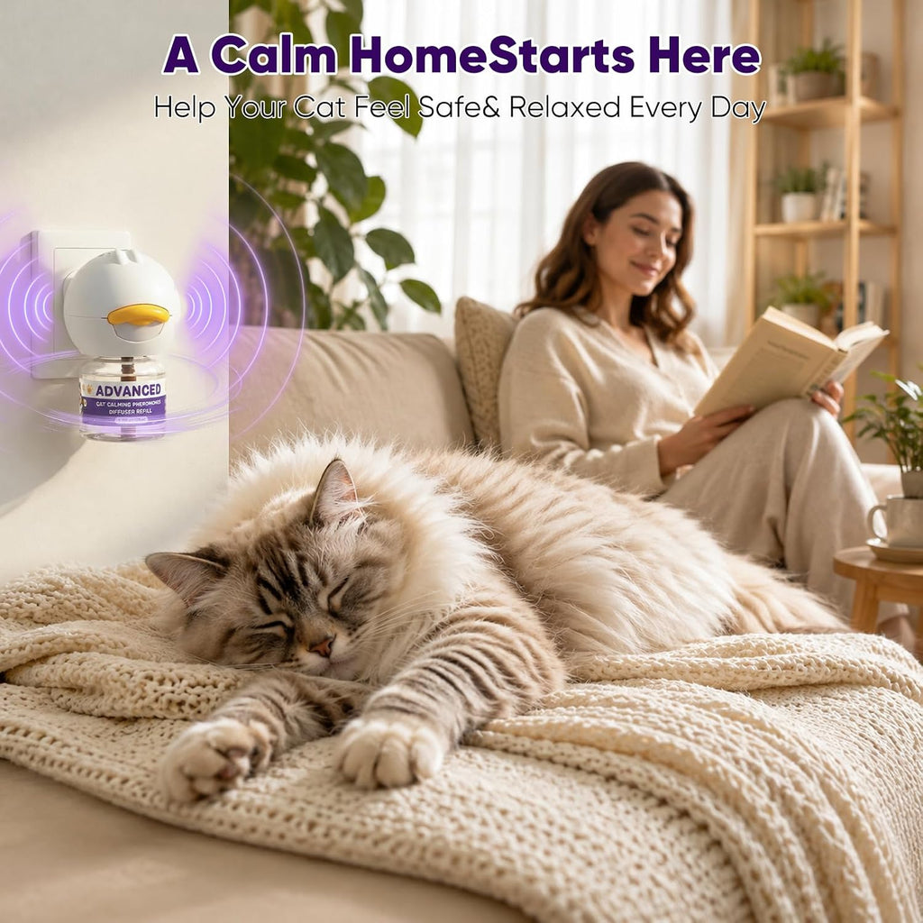 Cat Calming Diffuser with Advanced Pheromone Technology, 120 Days Plug in Diffuser for Multi Cat Home, Reduce Stress, Urine Spraying, Scratching, Hiding, Support Calm Behavior, 2 Diffusers, 4 Refills