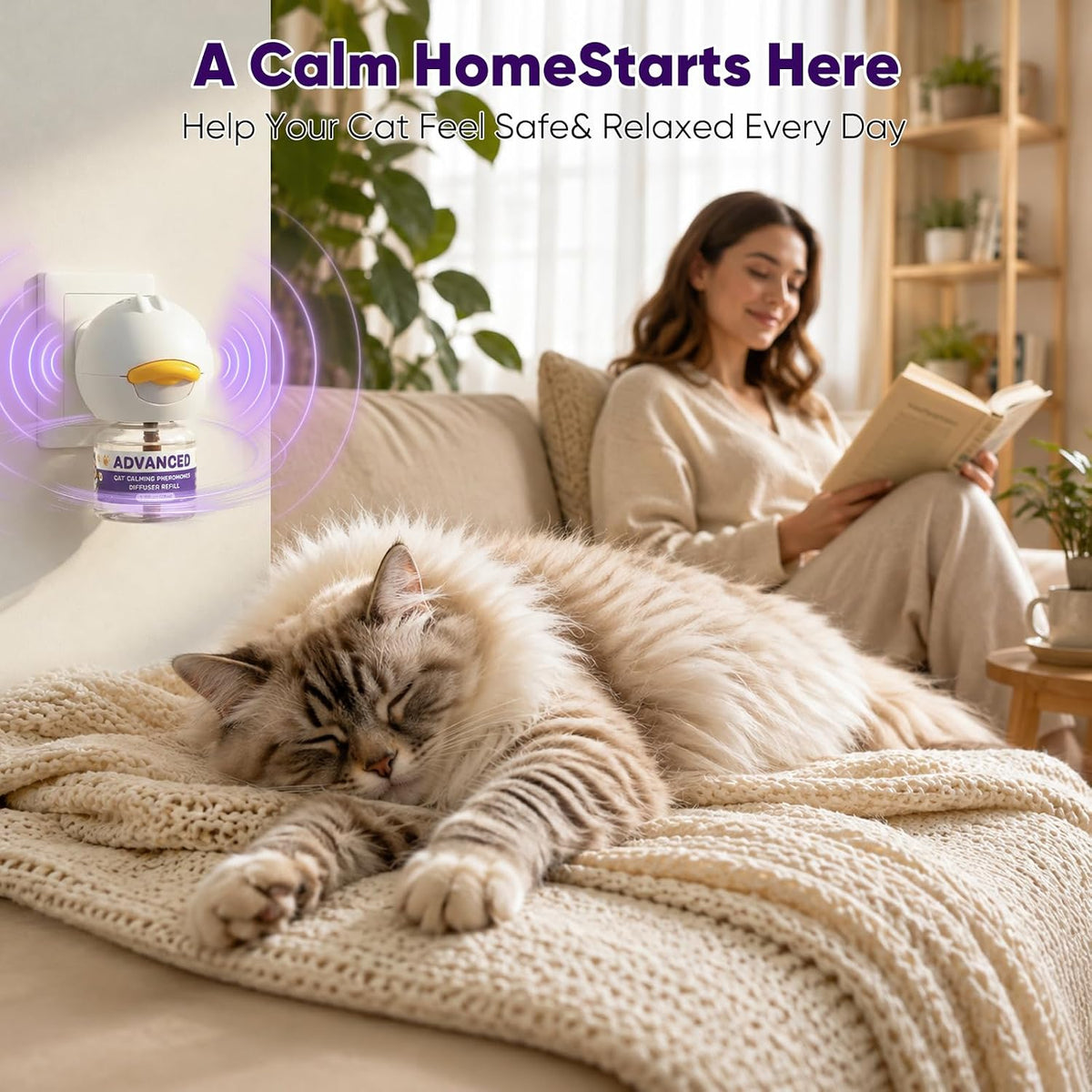 Cat Calming Diffuser with Advanced Pheromone Technology, 120 Days Plug in Diffuser for Multi Cat Home, Reduce Stress, Urine Spraying, Scratching, Hiding, Support Calm Behavior, 2 Diffusers, 4 Refills
