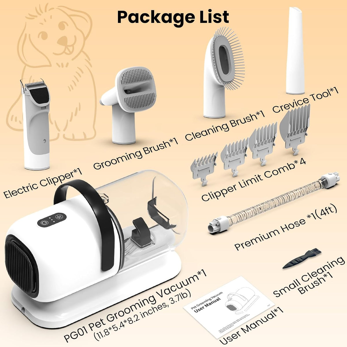 Dog Grooming Kit with Vacuum, 12000Pa Pet Electric Clipper & Cleaning Brush