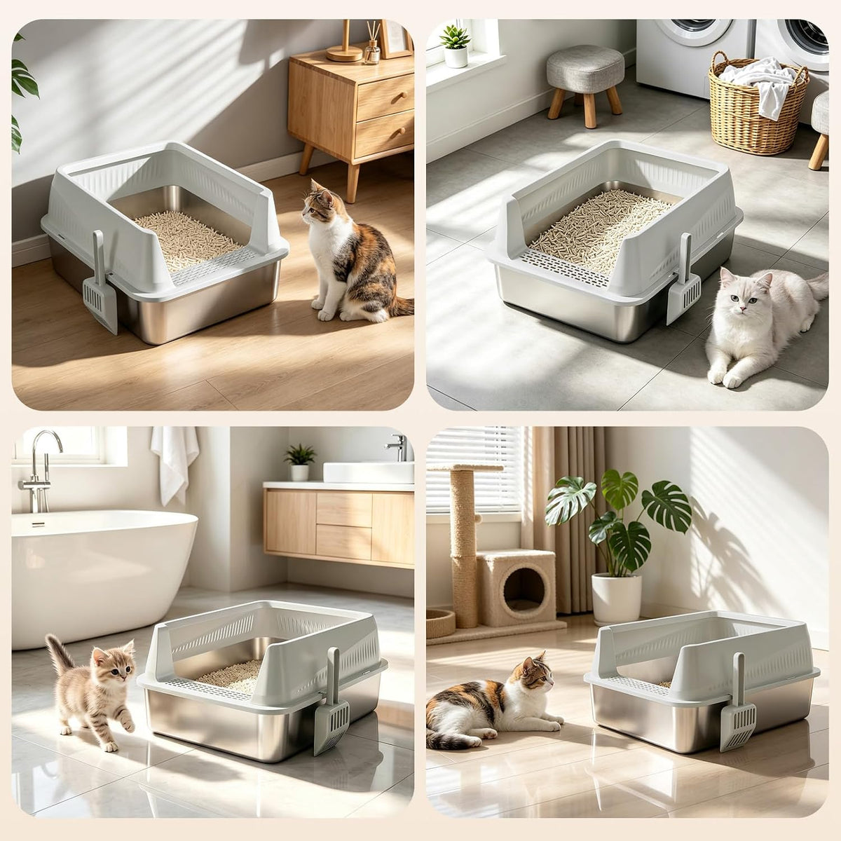 AIPERRO Stainless Steel Litter Box with Lid, High Sided Metal Litter Boxes
