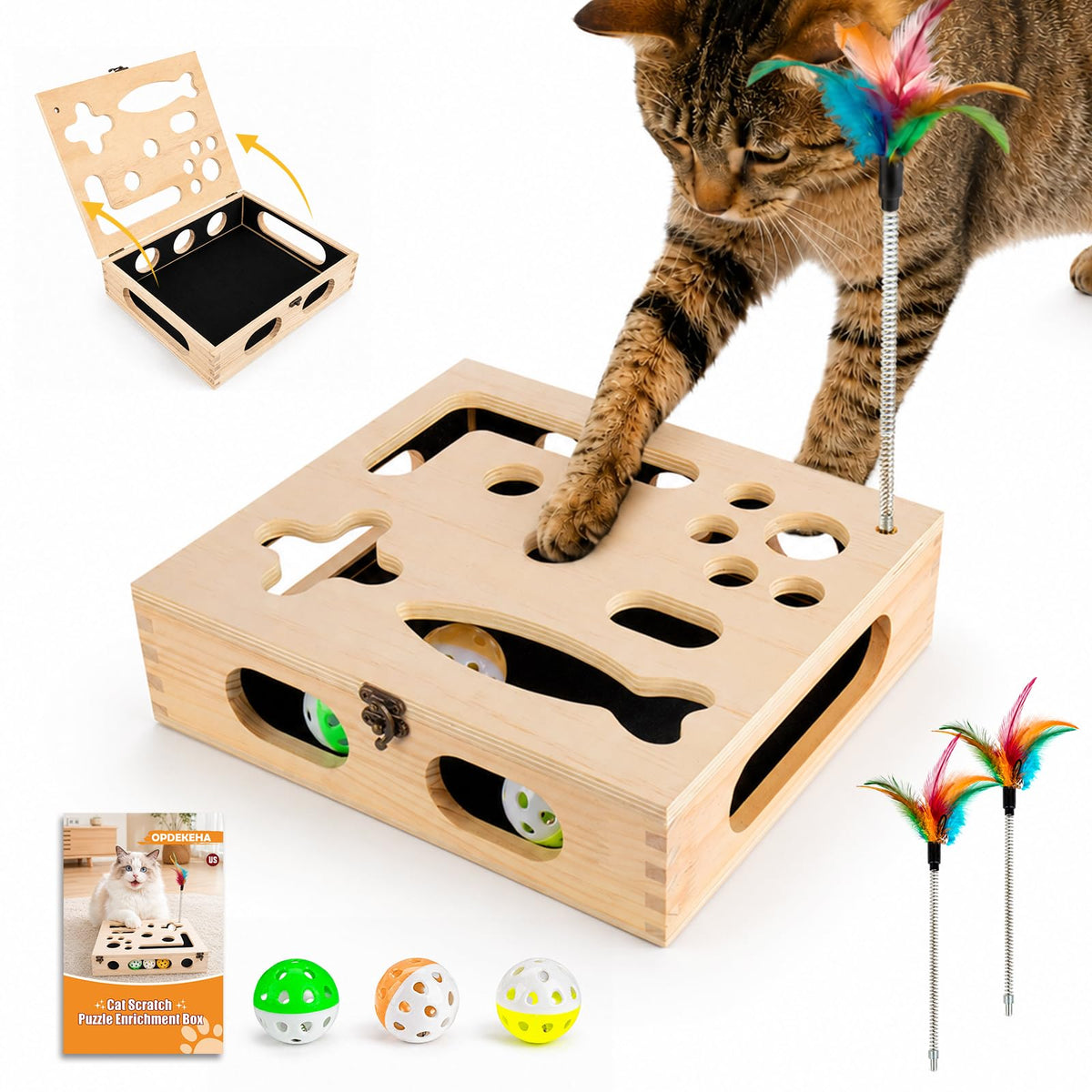 Cat Scratch Puzzle Enrichment Box, Interactive Cat Toy for 3 Balls & 2 Wand