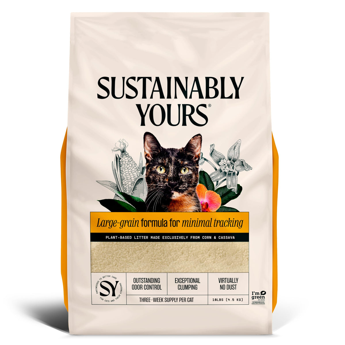 Sustainably Yours Natural Cat Litter, Small-Grain Formula, Exceptional Clumping & Odor Control, Virtually No Dust, Soft on Paws, Corn & Cassava Plant-Based, Unscented, 10 lbs (Pack of 2)