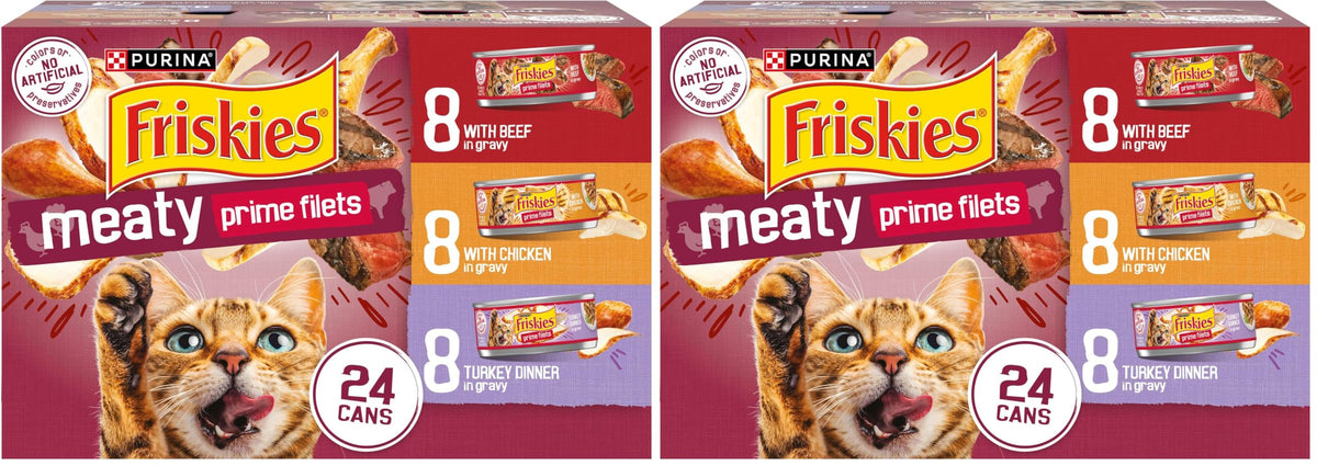 Purina Friskies Gravy Wet Cat Food Variety Pack, Prime Filets Meaty Favorites - (Pack of 24) 5.5 oz. Cans