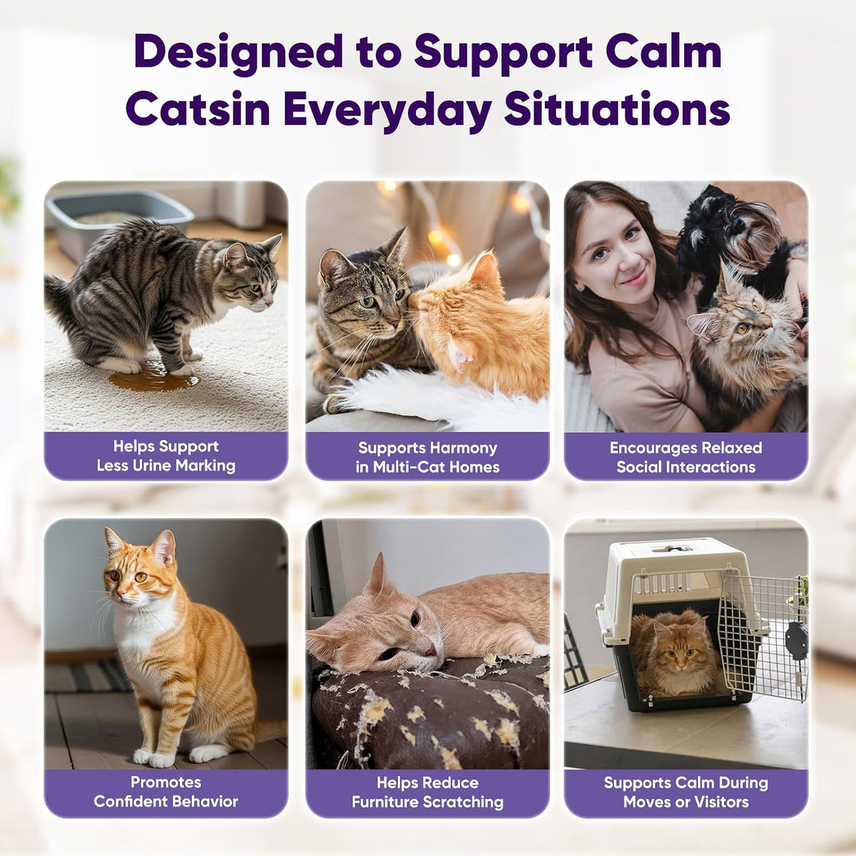 Cat Calming Diffuser with Advanced Pheromone Technology, 120 Days Plug in Diffuser for Multi Cat Home, Reduce Stress, Urine Spraying, Scratching, Hiding, Support Calm Behavior, 2 Diffusers, 4 Refills