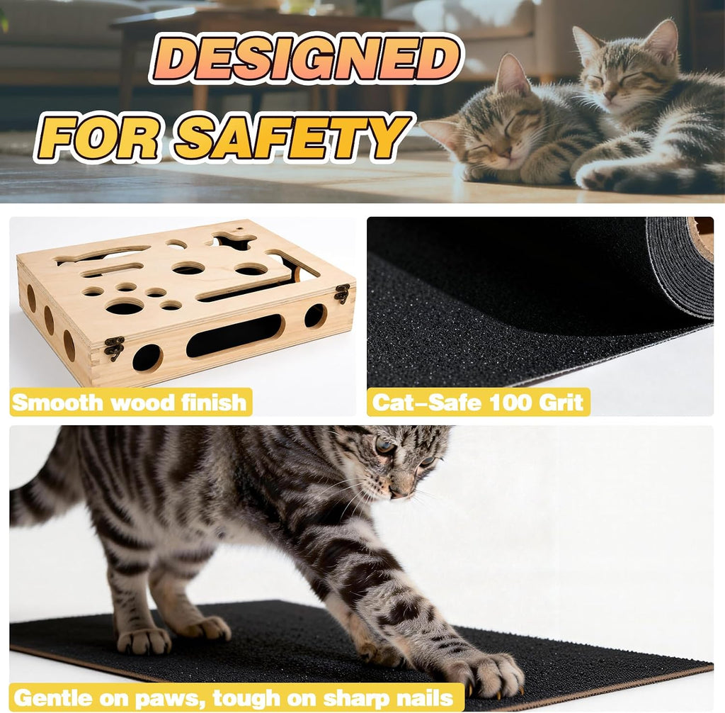 Cat Scratch Puzzle Enrichment Box, Interactive Cat Toy for 3 Balls & 2 Wand