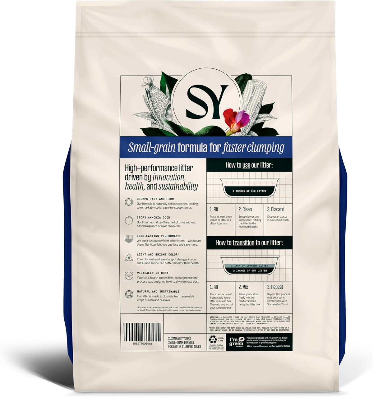 Sustainably Yours Natural Cat Litter, Small-Grain Formula, Exceptional Clumping & Odor Control, Virtually No Dust, Soft on Paws, Corn & Cassava Plant-Based, Unscented, 10 lbs (Pack of 2)