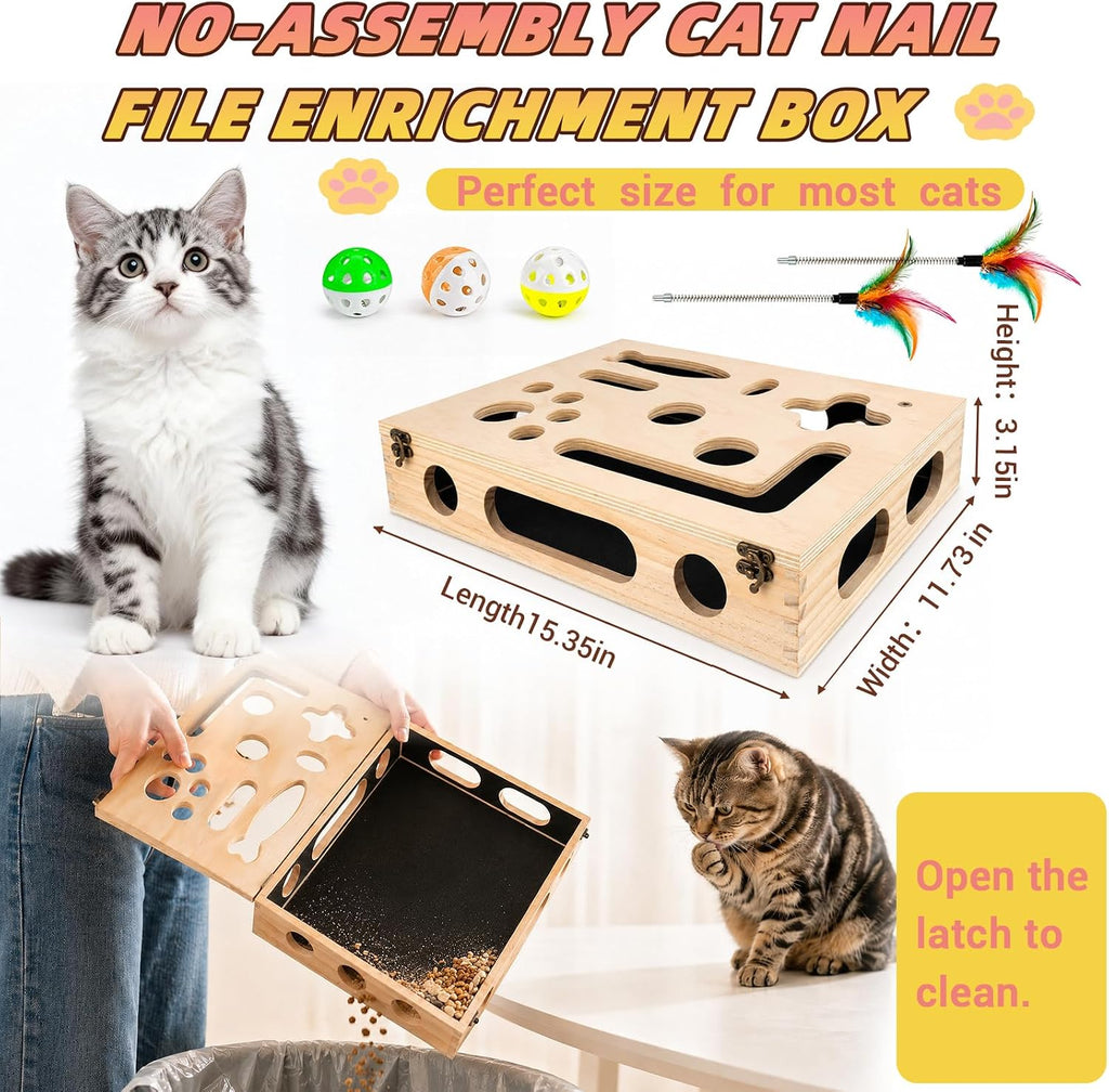 Cat Scratch Puzzle Enrichment Box, Interactive Cat Toy for 3 Balls & 2 Wand