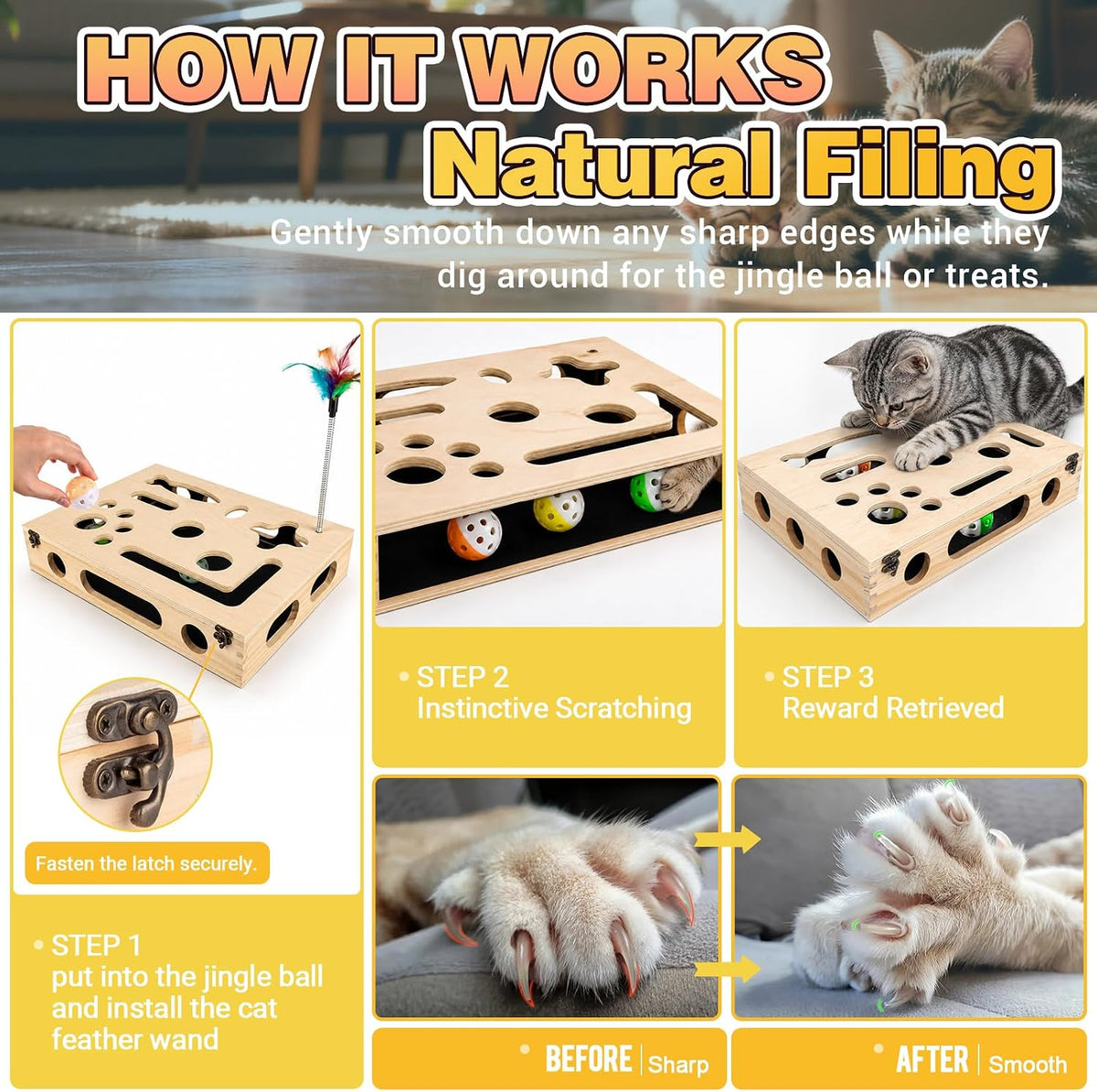 Cat Scratch Puzzle Enrichment Box, Interactive Cat Toy for 3 Balls & 2 Wand