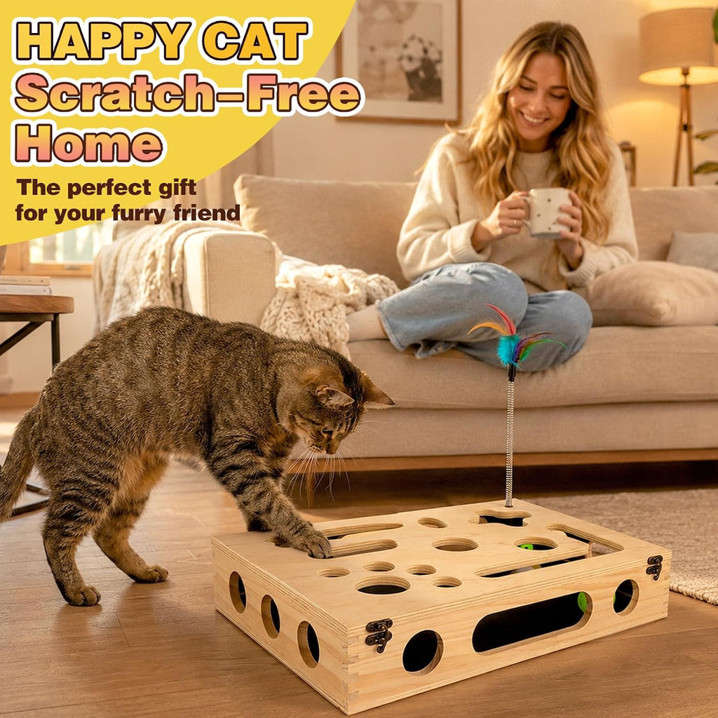 Cat Scratch Puzzle Enrichment Box, Interactive Cat Toy for 3 Balls & 2 Wand