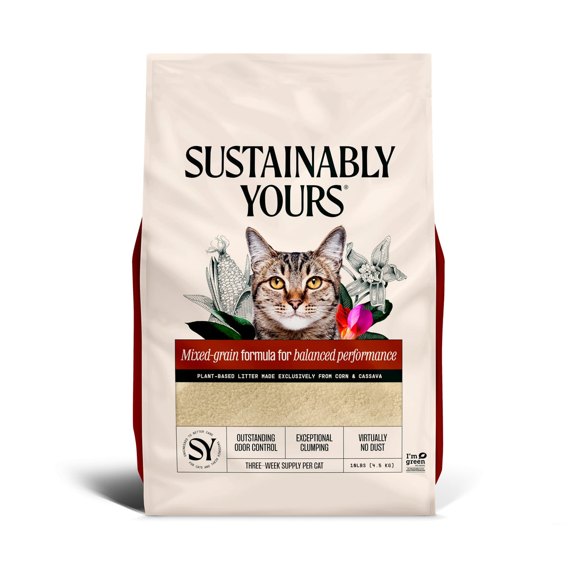 Sustainably Yours Natural Cat Litter, Small-Grain Formula, Exceptional Clumping & Odor Control, Virtually No Dust, Soft on Paws, Corn & Cassava Plant-Based, Unscented, 10 lbs (Pack of 2)